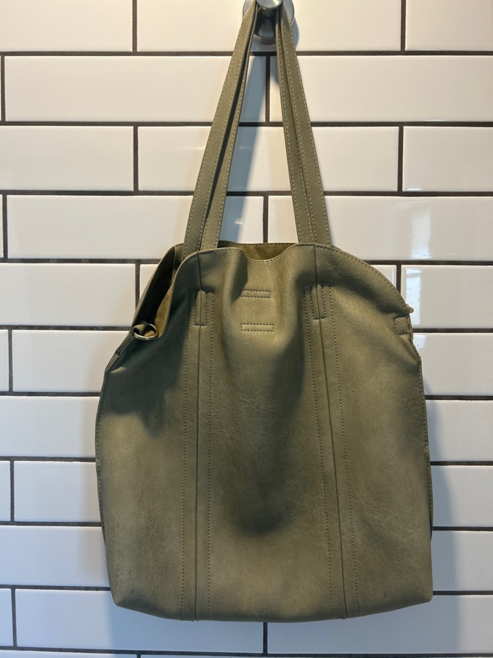 Antik Kraft Olive Green Leather Tote Bag with interior snap in/out tote